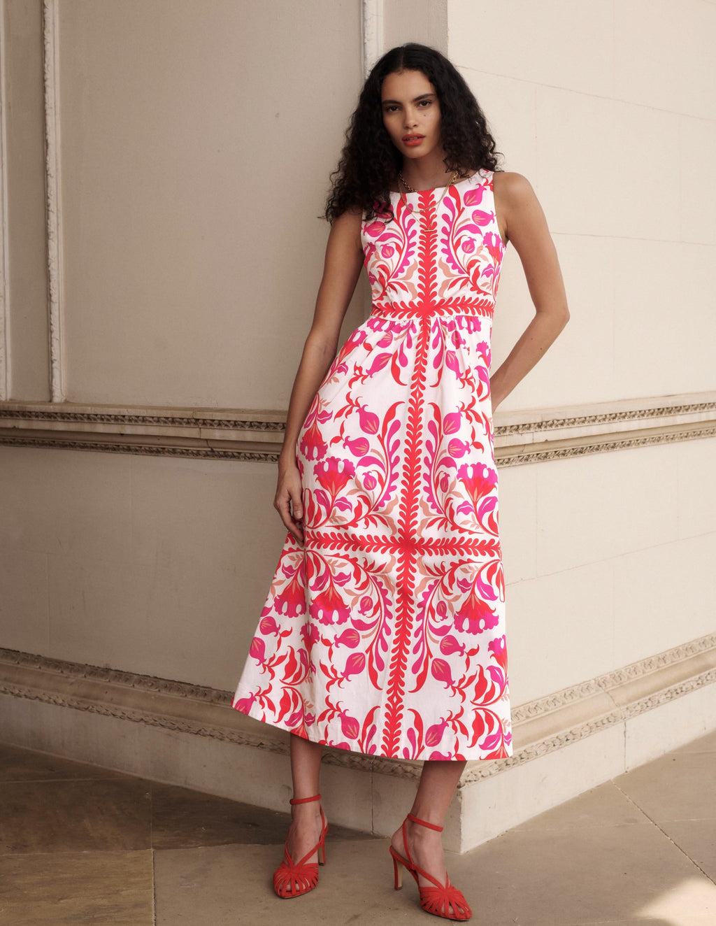 Lauren Cotton Midi Dress-Poppy Red, Elaborate Flora