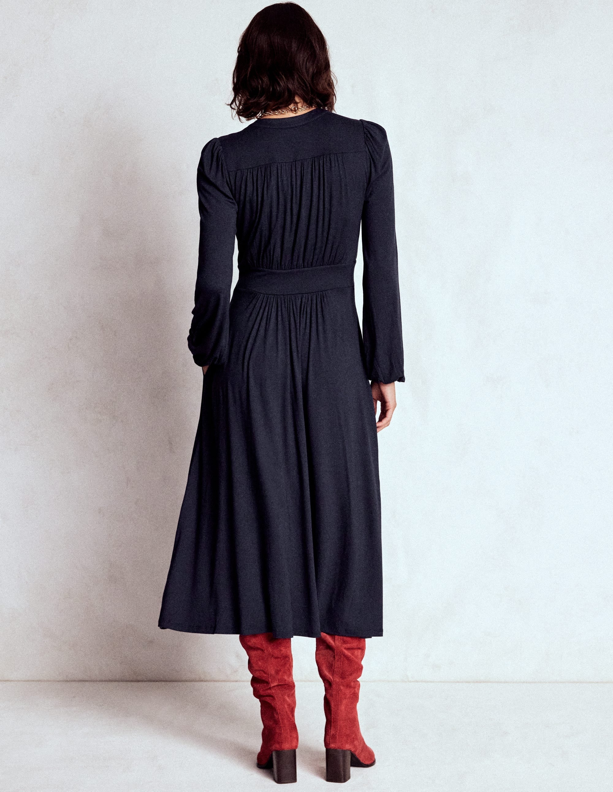 Lily Long Sleeve Midi Dress-Navy
