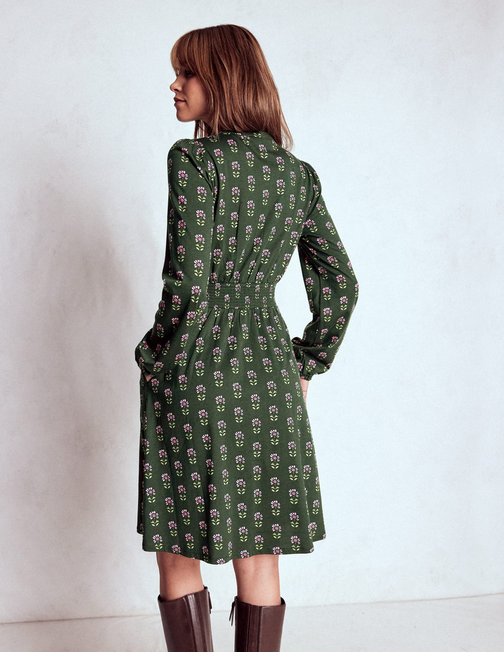 Sarah Short Jersey Dress-Winter Moss, Woodblock Floral