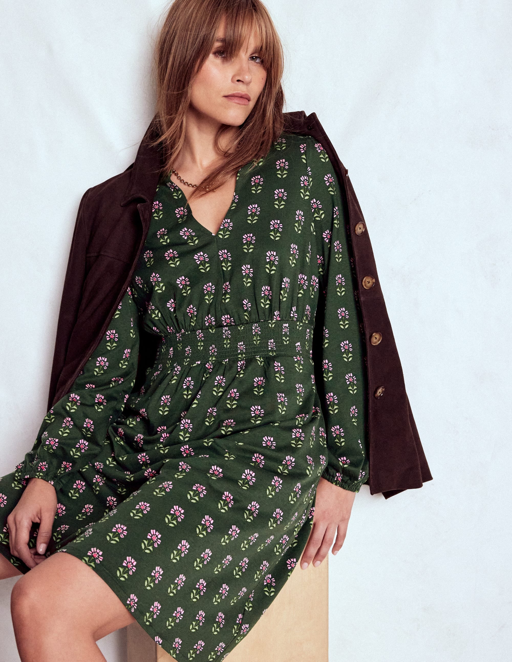 Sarah Short Jersey Dress-Winter Moss, Woodblock Floral