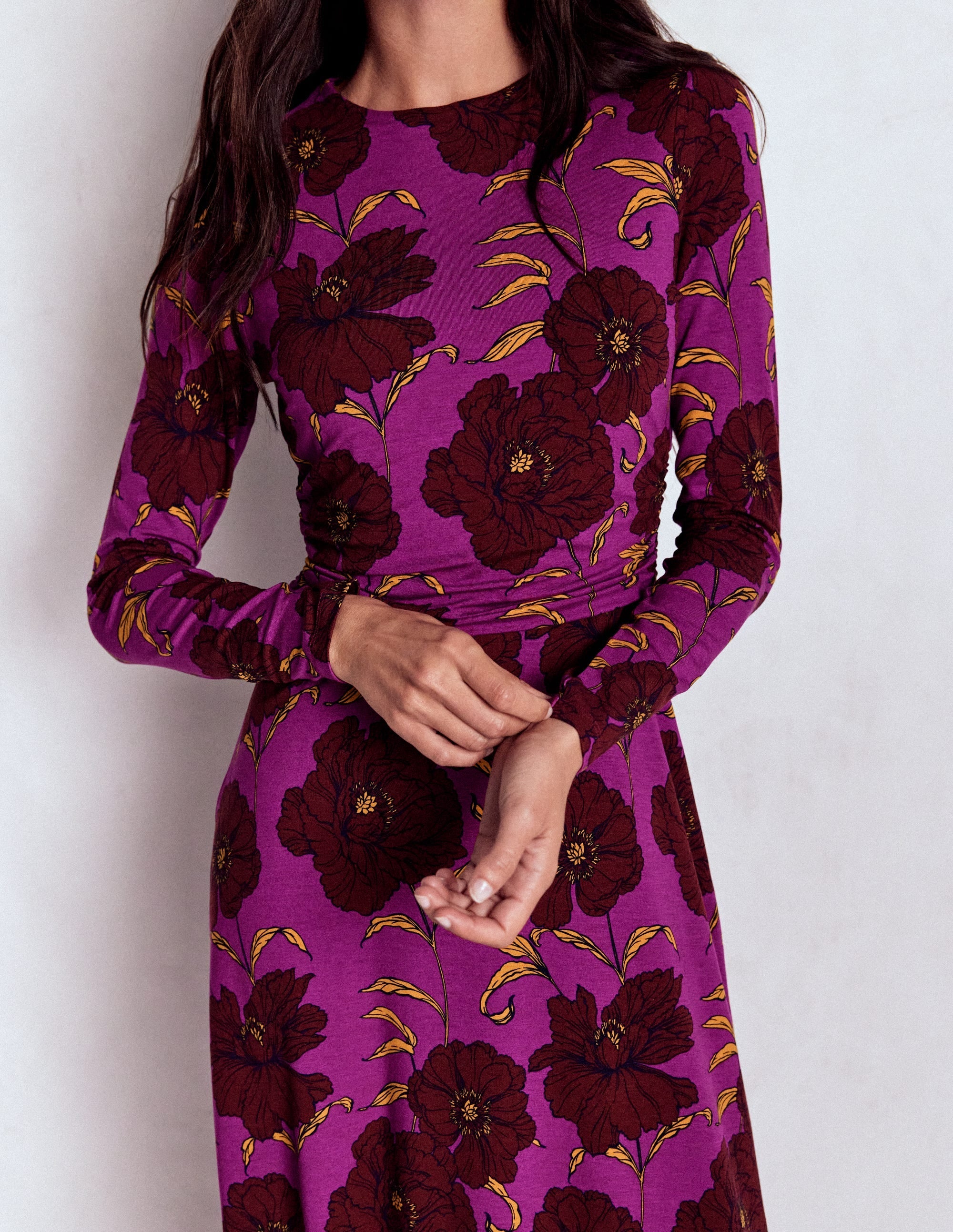 Ruched Jersey Midi Dress-Regal Purple, Peony Bloom