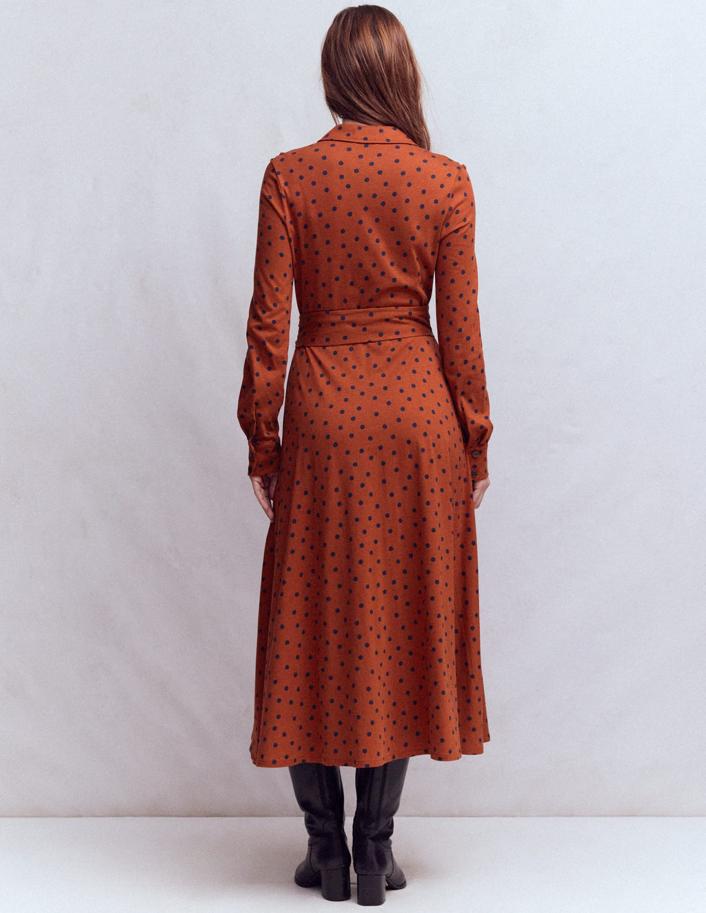 Marcia Jersey Shirt Dress-Burnt Orange, Navy Spot