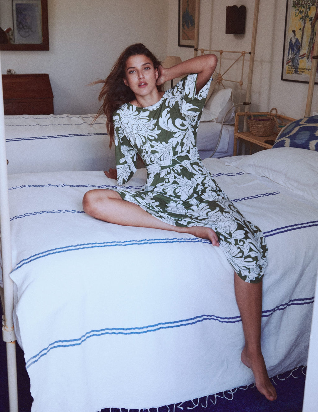 Imelda Kimono Jersey Dress-Olive, Botanical Flourish Mono