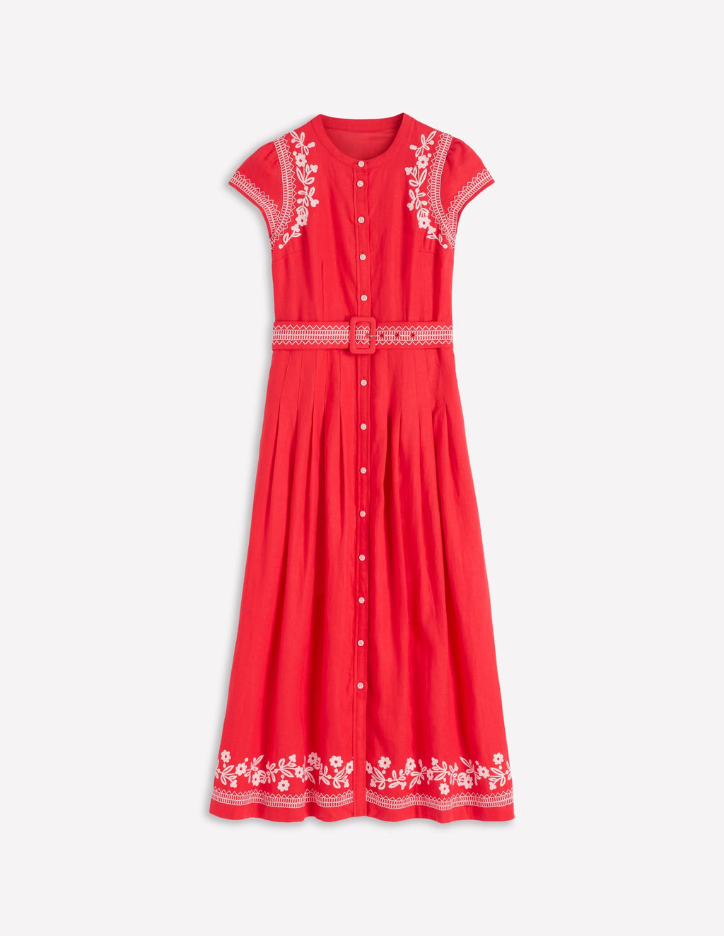 Arabella Linen Blend Dress-Red Embroidery