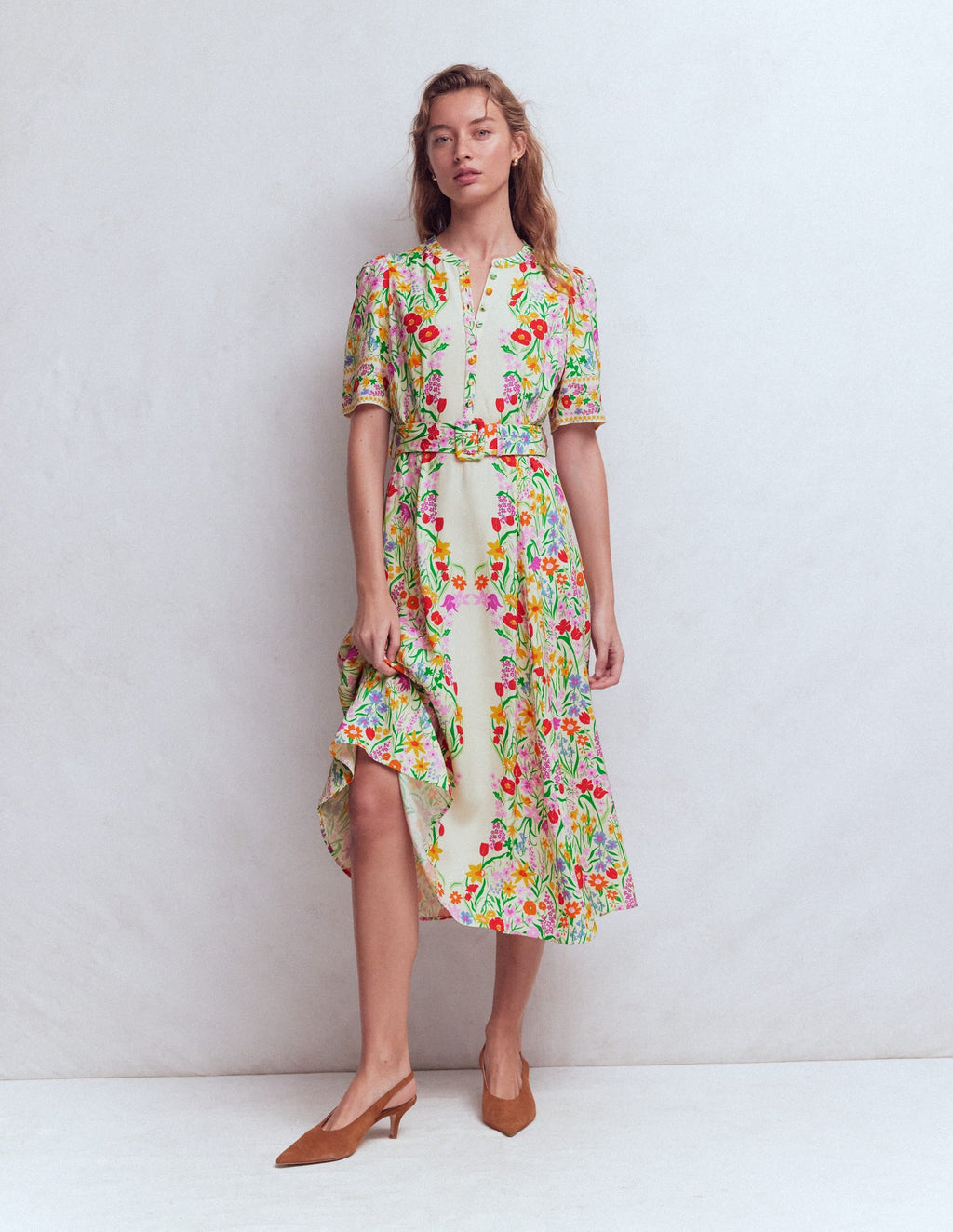 Kate Puff Sleeve Belted Dress-Ivory, Elegant Garden
