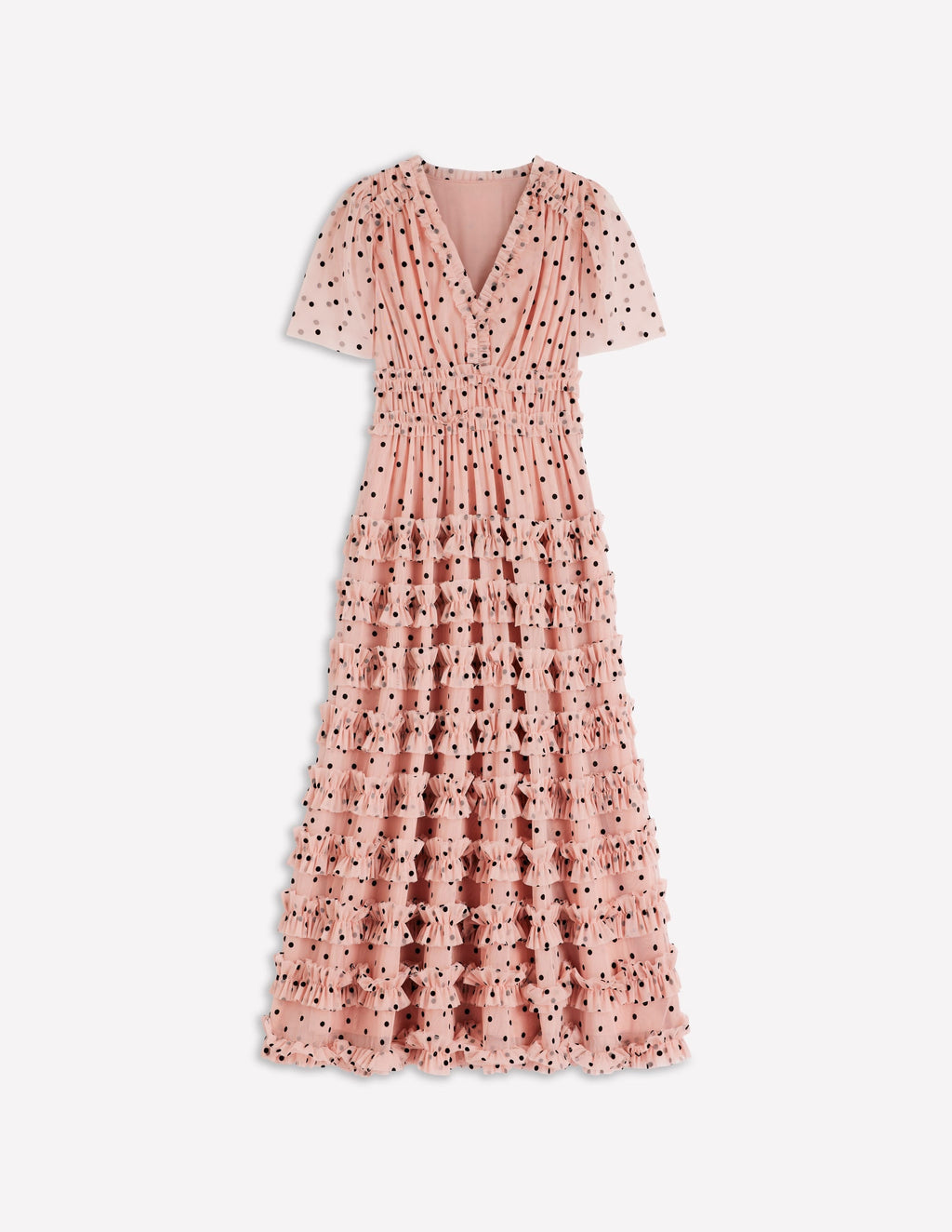 V-Neck Ruffle Tulle Dress-Ivory Black Spot