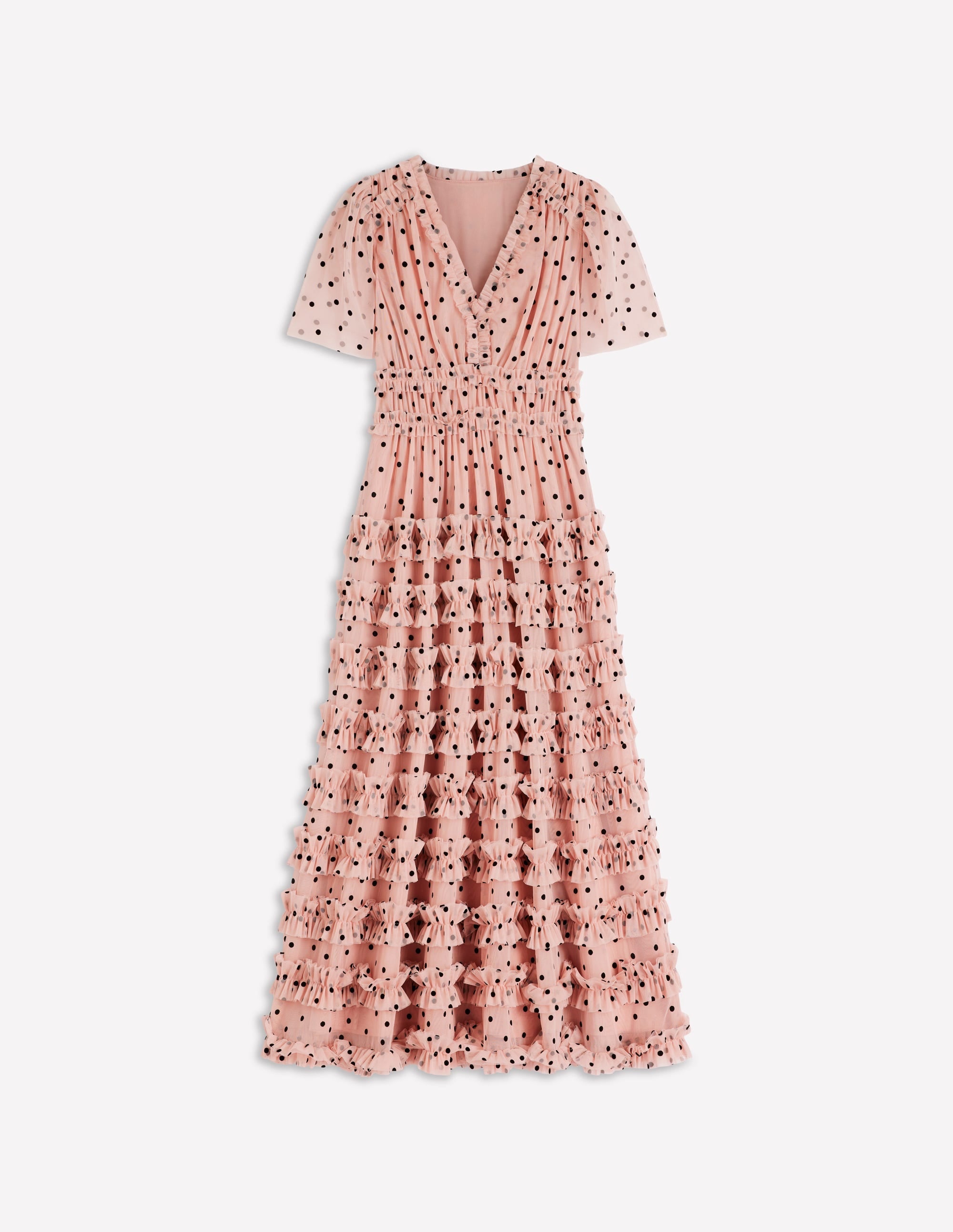 V-Neck Ruffle Tulle Dress-Ivory Black Spot